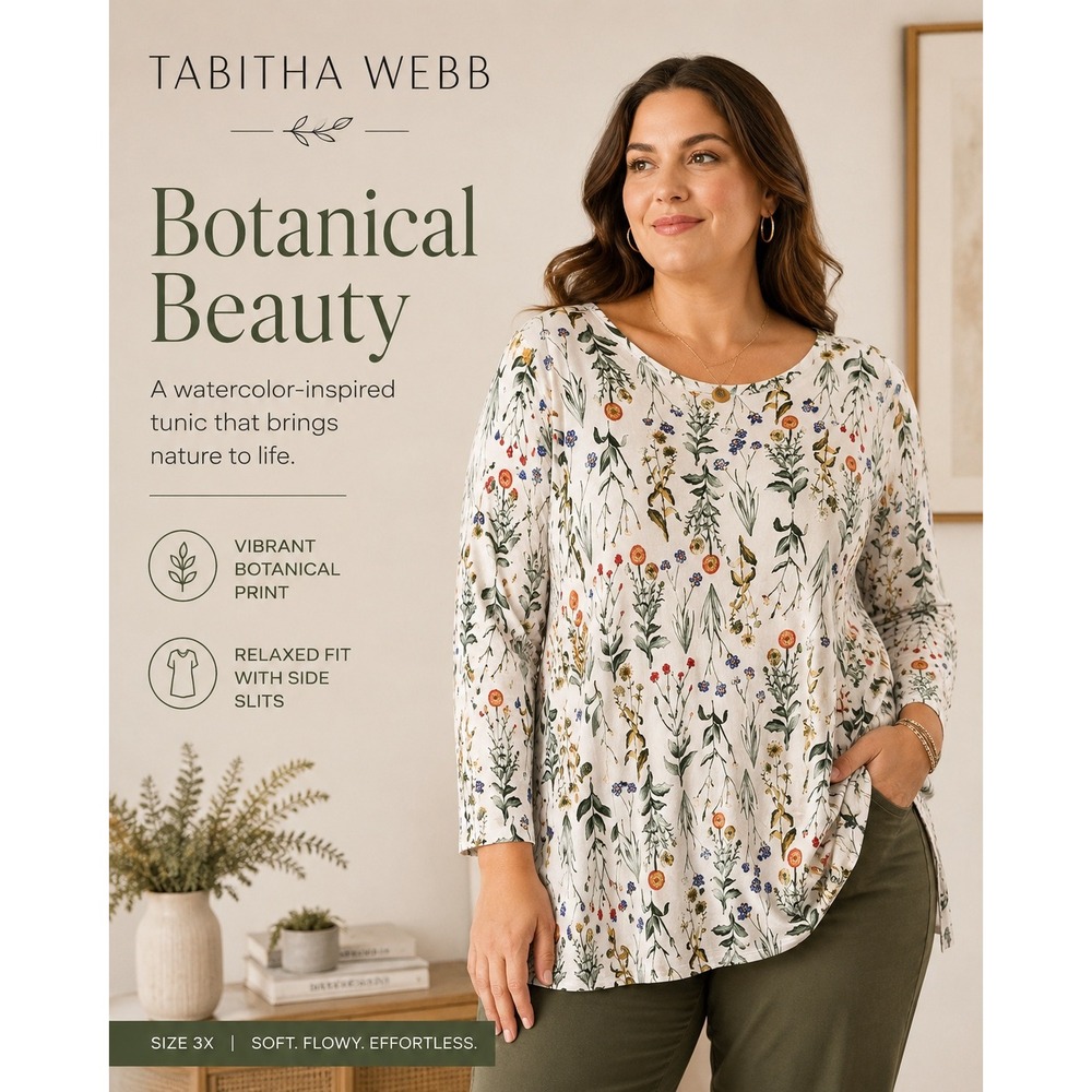 NEW Tabitha Webb Womens 3X Botanical Print Long Sleeve Boat Neck Jersey Knit Top